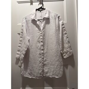 For Cynthia 100% Linen White Blouse Women's Size S Button Sleeve Lightweight